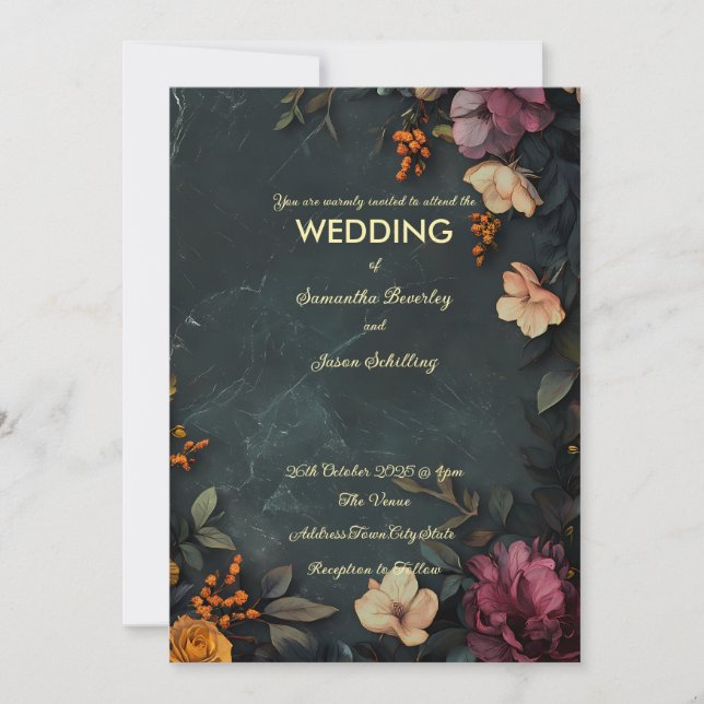 Dark marble background with floral details invitation (Front)
