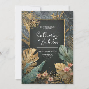 Dark Marble Gold Tropical Teal Hibiscus Wedding Invitation