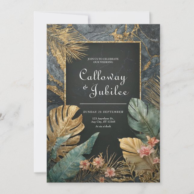Dark Marble Gold Tropical Teal Hibiscus Wedding Invitation (Front)