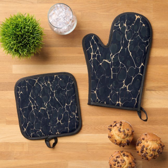Dark Marble Pattern Abstract Alcohol Ink Style 1 Oven Mitt & Pot Holder Set (Top Down)