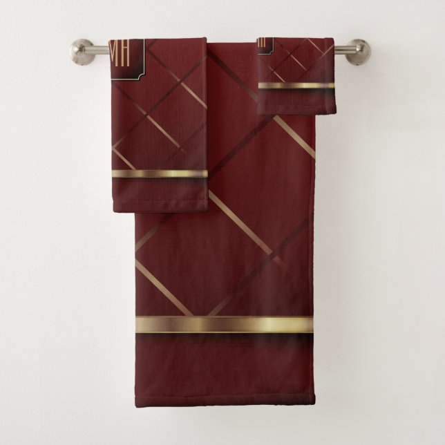 Dark Maroon and Geometric Pattern Bath Towel Set (Insitu)