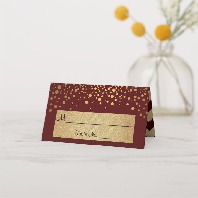 Dark Maroon and Gold Chevron and Confetti Dots 2 Place Card (Front)