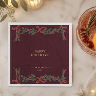 Dark Maroon Christmas Wreath Holiday Cocktail Napkin