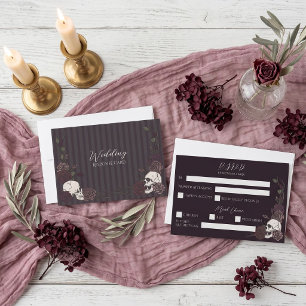Dark Maroon Gothic Skull Floral Wedding RSVP Save The Date