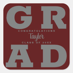 Dark Maroon Grey Bold Graduation Party Square Sticker