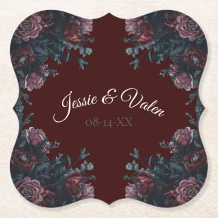 Dark Maroon Mauve Gothic Elegant Wedding Paper Coaster