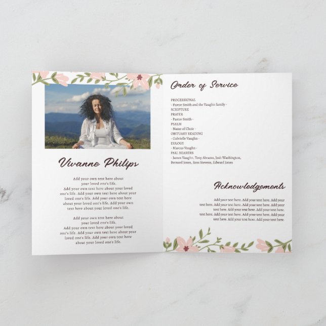 Dark Maroon Olive & Pink Floral Photo Funeral Invitation (Inside)