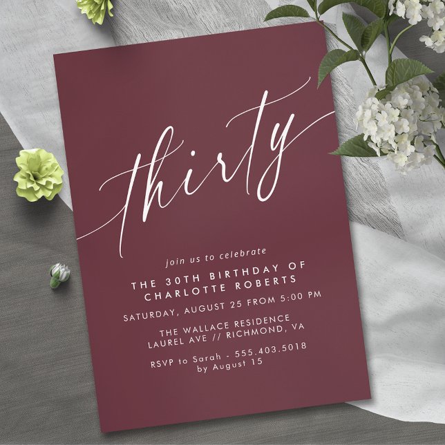 Dark Maroon Red | Modern Burgundy 30th Birthday Invitation (Creator Uploaded)