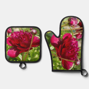 Dark Maroon velvet peonies  Oven Mitt & Pot Holder Set