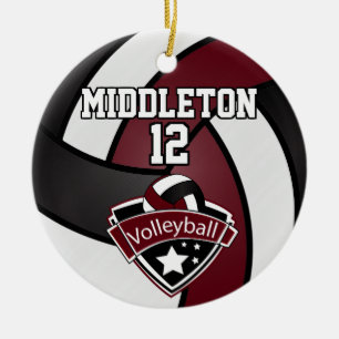 Dark Maroon, White and Black Volleyball Ceramic Tree Decoration