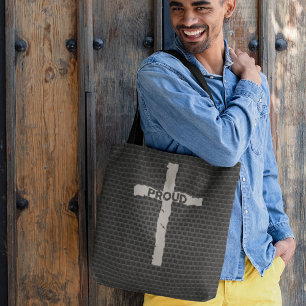 Dark Masculine Proud Christian Cross Metal Stone Tote Bag