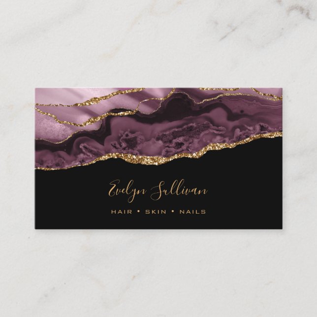 Dark mauve agate on black business card (Front)