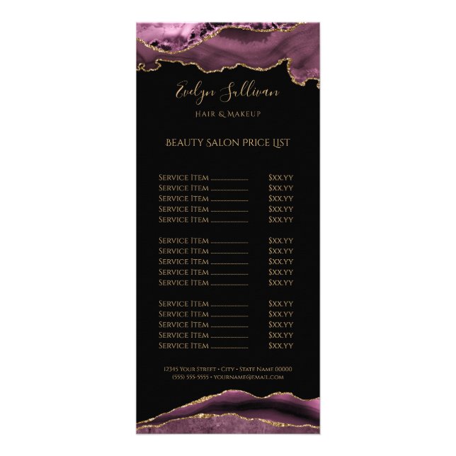 Dark mauve and gold agate price list  rack card (Front)