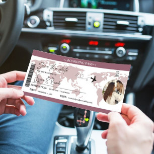 Dark Mauve Boarding pass Ticket Wedding Save The Date