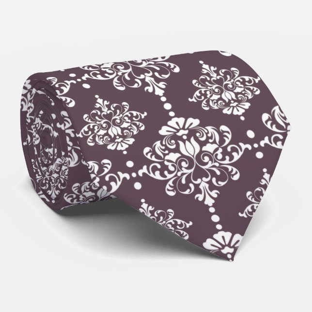 Dark Mauve Floral Damask Pattern Groomsmen Wedding Tie (Rolled)