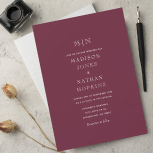 Dark Mauve Minimal Monogram Wedding Invitation