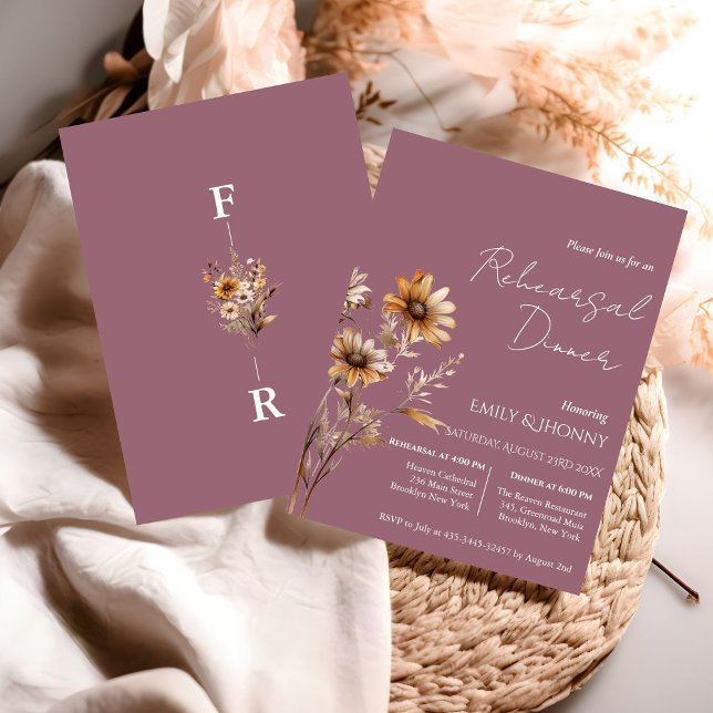 Dark Mauve Monogram Wildflower Rehearsal Dinner Invitation (Creator Uploaded)