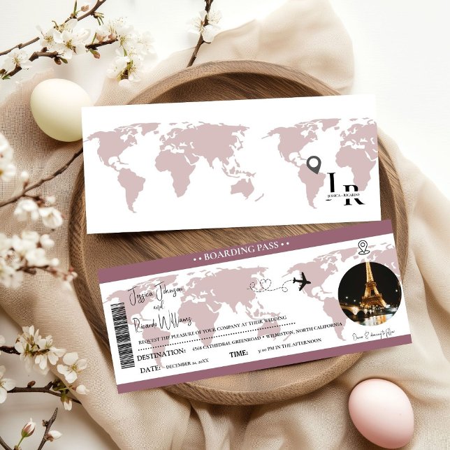 Dark Mauve Wedding invitation Boarding pass ticket (Creator Uploaded)