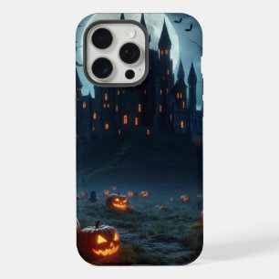 Dark, mediaeval castle, bats, & pumpkins iPhone 15 pro max case