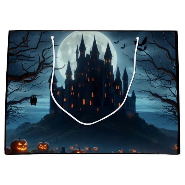 Dark, mediaeval castle, bats, & pumpkins large gift bag (Front)
