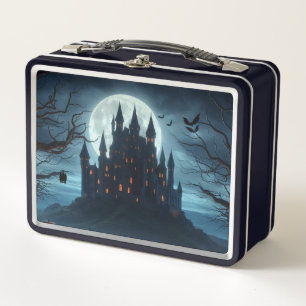 Dark, mediaeval castle, bats, & pumpkins metal lunch box