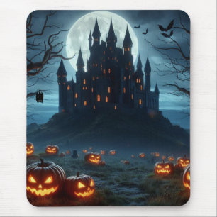 Dark, mediaeval castle, bats, & pumpkins mouse mat