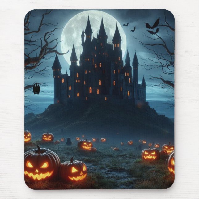 Dark, mediaeval castle, bats, & pumpkins mouse mat (Front)