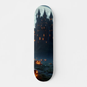 Dark, mediaeval castle, bats, & pumpkins skateboard