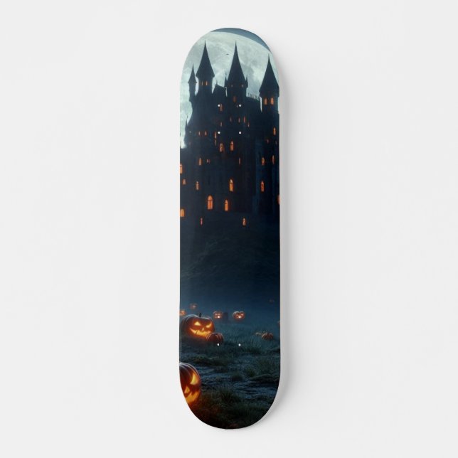 Dark, mediaeval castle, bats, & pumpkins skateboard (Front)