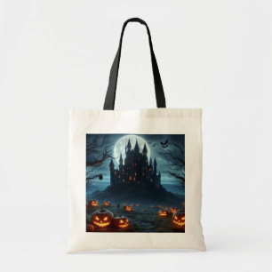 Dark, mediaeval castle, bats, & pumpkins tote bag