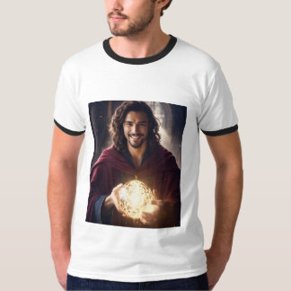 Dark medium hair, french goatee, smile, T-shirt