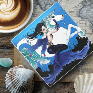 Dark Mermaid Fairy Unicorn Sea Horse Blue Fantasy Glass Coaster