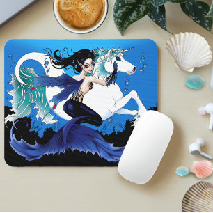 Dark Mermaid Fairy Unicorn Sea Horse Blue Fantasy Mouse Mat