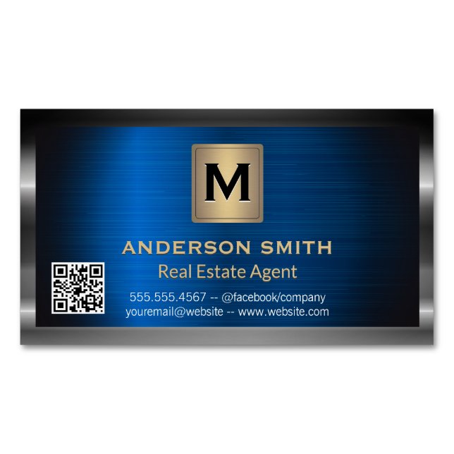 Dark Metallic Frame | Blue Metallic | QR Label Magnetic Business Card (Front)