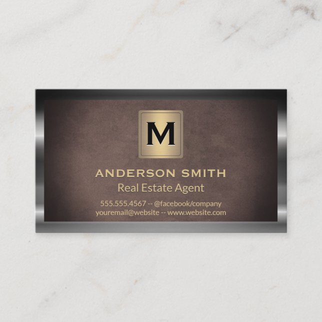 Dark Metallic Frame | Brown Texture Background Business Card (Front)
