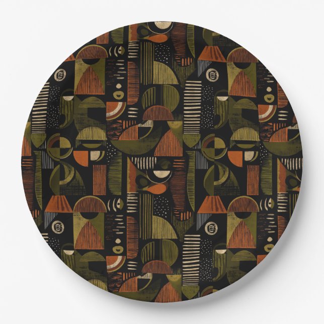 Dark Mid Century Geometric Pattern (1) Paper Plate (Front)