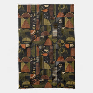 Dark Mid Century Geometric Pattern (1) Tea Towel