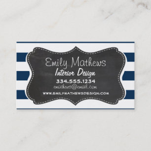Dark Midnight Blue Stripes; Retro Chalkboard Business Card