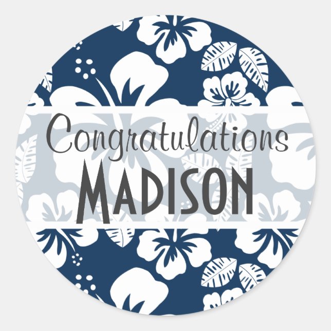 Dark Midnight Blue Tropical Hibiscus Flowers Classic Round Sticker (Front)