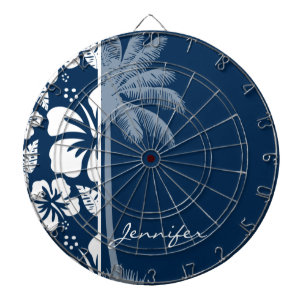 Dark Midnight Blue Tropical Hibiscus; Palm Dartboard