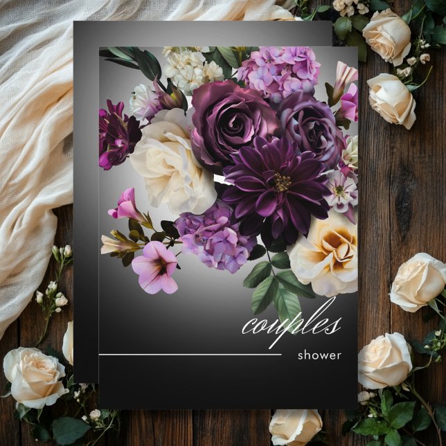 Dark Midnight Purple Floral Romance Couples Shower Invitation (Dark Midnight Purple Floral Romance Couples Shower Invitation)