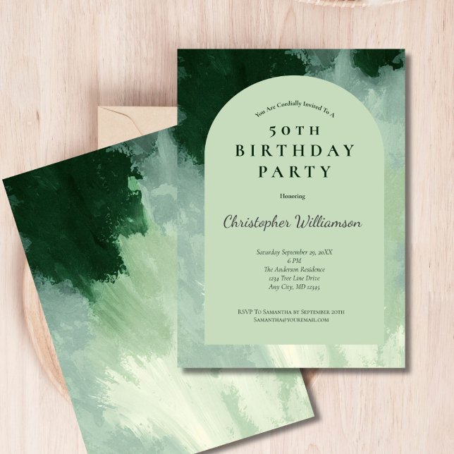 Dark & Mini Green Watercolor Arch 50th Birthday Invitation (Dark and Light Mint Green Watercolor Modern Arch 50th Birthday party invitation for him)