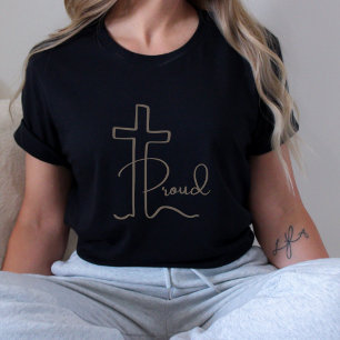 Dark Minimalist Proud Christian Cross Script T-Shirt