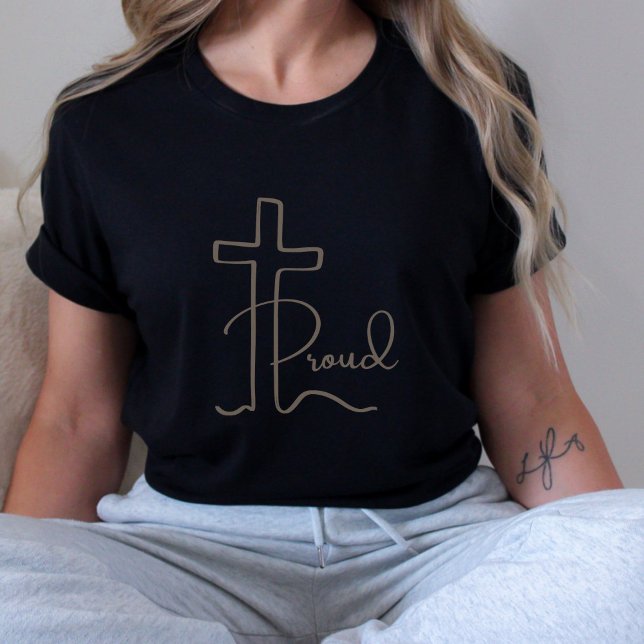 Dark Minimalist Proud Christian Cross Script T-Shirt (Creator Uploaded)