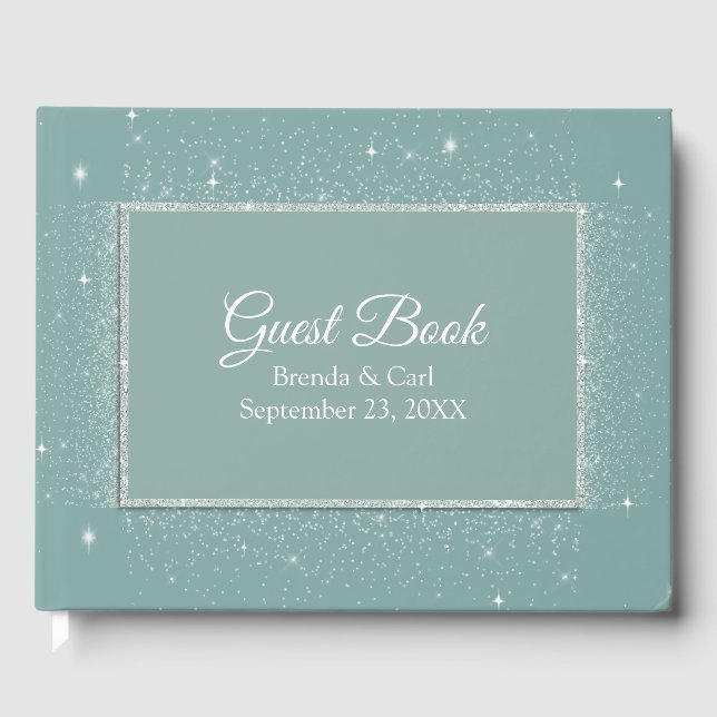 Dark Mint Green Glittery Wedding Guest Book (Front)