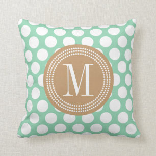Dark Mint & Khaki   Big Polka Dots Monogrammed Cushion