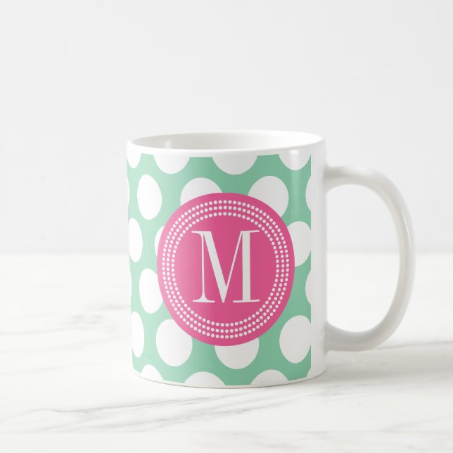 Dark Mint & Pink| Big Polka Dots Monogrammed Coffee Mug (Right)