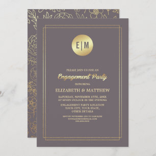 Dark Mocha Gold Floral Engagement Party Invitation