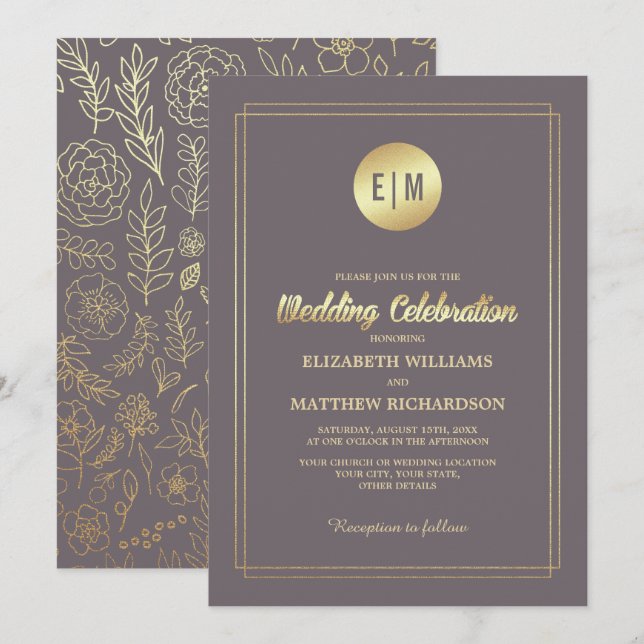 Dark Mocha Gold Floral Wedding  Invitation (Front/Back)