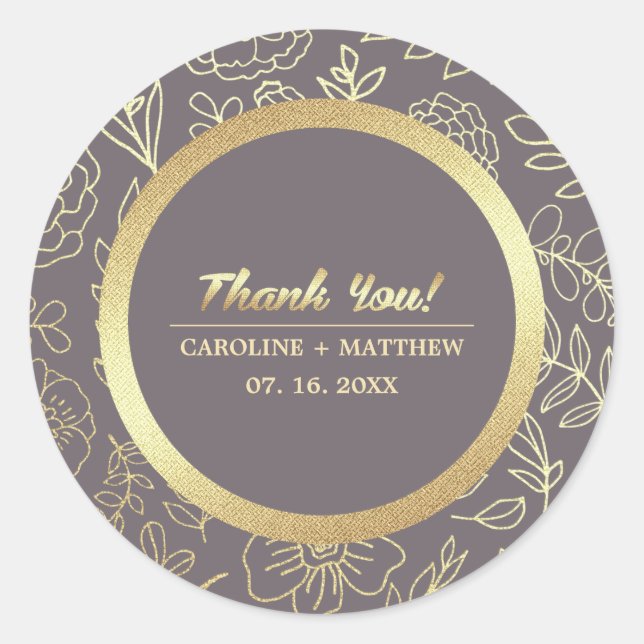Dark Mocha Gold Floral Wedding Thank You Classic Round Sticker (Front)
